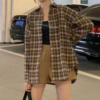 Long-sleeved Plaid Shirt Coffee - One Size
