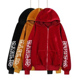 Lettering Hooded Fleece-lined Jacket