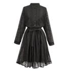 Long-sleeve Buttoned A-line Lace Dress With Sash