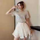 Set: Short-sleeve Sequin T-shirt + Sequin A-line Mesh Skirt