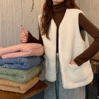 Plain Turtle-neck Long-sleeve Knit Top / Fleece Vest