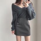 Off-shoulder Ribbed Sweater / A-line Skirt