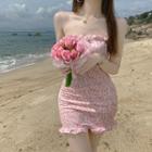 Off-shoulder Floral Print Ruffled Trim Bodycon Mini Dress