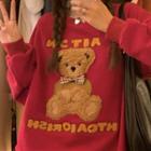 Lettering Bear Embroidered Round Neck Pullover