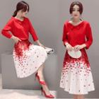 Set: 3/4-sleeve Blouse + Printed Midi Skirts