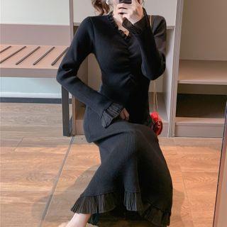 Frilled Trim Shirred Knit Midi Dress