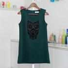 Owl Appliqu  Studded Sleeveless Top Dark Green - One Size