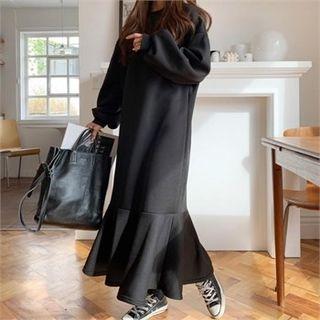 Ruffle-hem Fleece-lined Long Pullover Dress