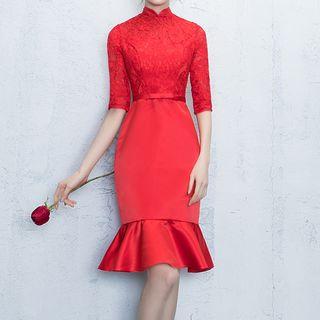 Lace Panel Elbow Sleeve Mandarin Collar Wedding Dress