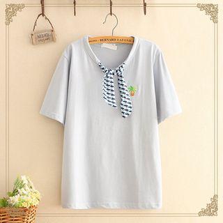 Embroidered Short-sleeve Top With Tie