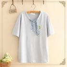 Embroidered Short-sleeve Top With Tie