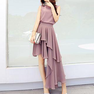 Set: Plain Sleeveless Top + Asymmetric A-line Skirt