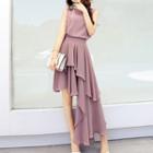 Set: Plain Sleeveless Top + Asymmetric A-line Skirt