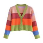 Color Block Striped Cropped Cardigan Red & Orange & Green - One Size
