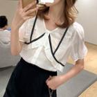 Puff-sleeve V-neck Two-tone Ruffled Trim Blouse