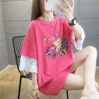 Lace Panel Cartoon Print Elbow-sleeve T-shirt