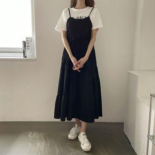 Diagonal-tiered Maxi Overall Dress