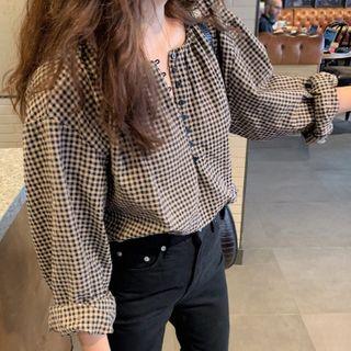 Long-sleeve Collar-neck Plaid Blouse