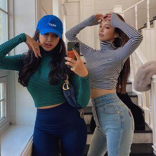 High-neck Slim-fit Striped Crop Top