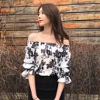 Elbow-sleeve Off Shoulder Printed Blouse