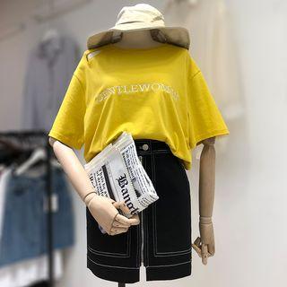 Set: Letter Embroidered Short-sleeve T-shirt + Front Zip Pencil Skirt