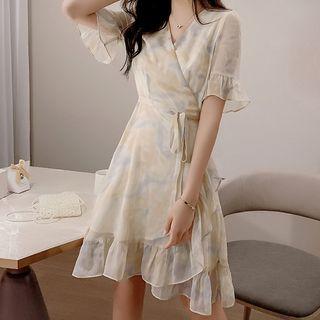 Elbow-sleeve Floral-print A-line Wrap Dress
