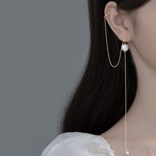 Sterling Silver Faux Pearl Fringed Earring With Ear Cuff 1 Pc - White & Gold - One Size