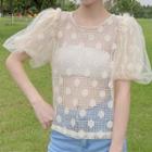 Lace Panel Puff-sleeve Mesh Blouse