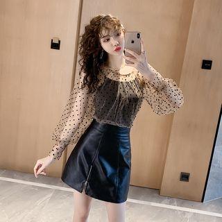 Set: Long-sleeve Dotted Mesh Top + Camisole Top + Faux Leather Mini Skirt