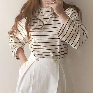 Long-sleeve Striped T-shirt Black Stripe - White - One Size
