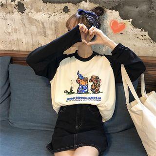 Cartoon Print Color Block Long-sleeve T-shirt As Shown In Figure - One Size
