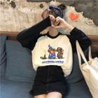 Cartoon Print Color Block Long-sleeve T-shirt As Shown In Figure - One Size