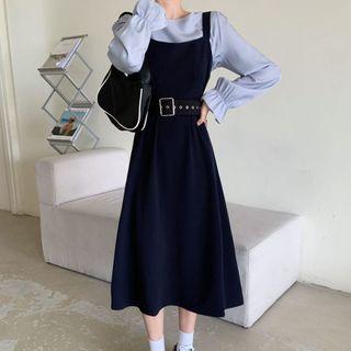 Long-sleeve Frill Trim Top / Spaghetti Strap Belted A-line Midi Dress