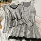 Set: Checker Lace-hem Tank Dress + Cardigan White - One Size