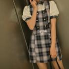 Plaid Embroidered Double-breasted Vest / Puff-sleeve Shirt / Plaid Mini A-line Skirt