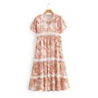 Lace Trim Floral Print Short-sleeve A-line Midi Dress