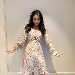Long-sleeve Floral Mini A-line Dress As Shown In Figure - One Size