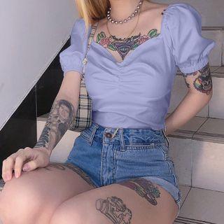 Plain Frilled Puff-sleeve Crop Blouse