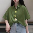 Flower Applique Elbow-sleeve Shirt Shirt - Green - One Size
