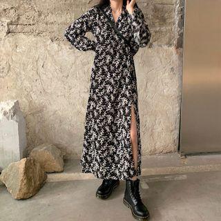 Flower Print Long-sleeve Maxi Shift Dress Black - One Size