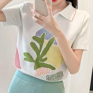 Set: Short-sleeve Printed Collared Top + Mini Skirt