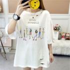 Printed Elbow-sleeve Ripped Tunic T-shirt