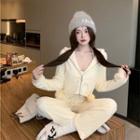 Plain Hooded Zip Cropped Cardigan / High-waist Plain Straight-cut Pants
