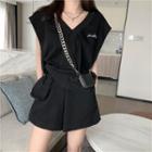 Sleeveless Letter Printed Top / High-waist Plain Shorts