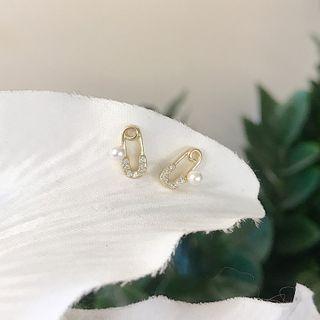 Safety Pin Faux Pearl Rhinestone Sterling Silver Earring E301 - 1 Pair - Gold - One Size