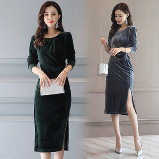 Long Sleeve Velvet Slit Side Sheath Dress