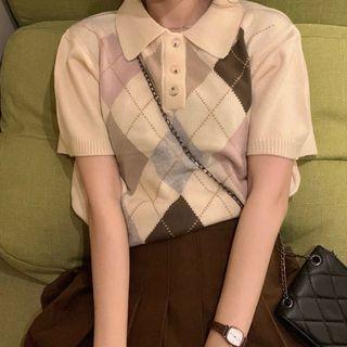 Short-sleeve Argyle Polo Shirt Argyle - Yellow - One Size