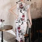 Short-sleeve Rose Print Qipao Dress