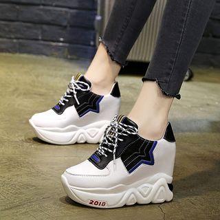 Color Block Platform Lace-up Hidden Wedge Sneakers