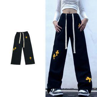 Elastic-waist Wide Leg Cross Embroidered Pants